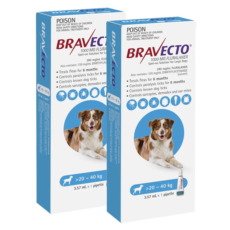 Bravecto Spot-on for Dogs 20kg-40kg (Blue) – 2 Pack Value Bundle