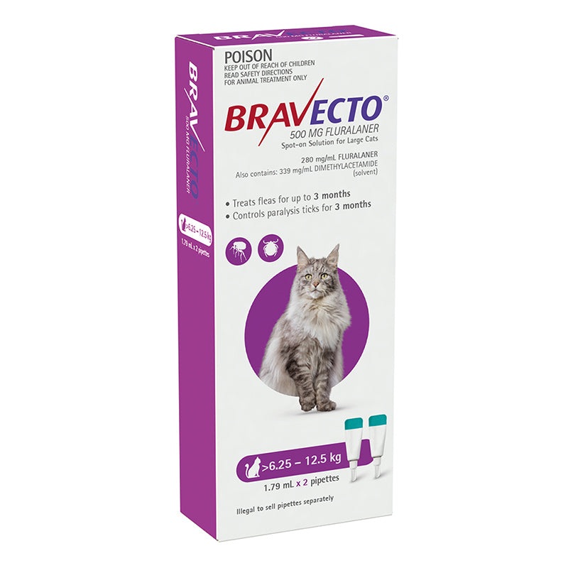 Bravecto Spot-on for Large Cats 6.25kg-12.5kg (Purple) – 3 Month Flea and Tick Protection