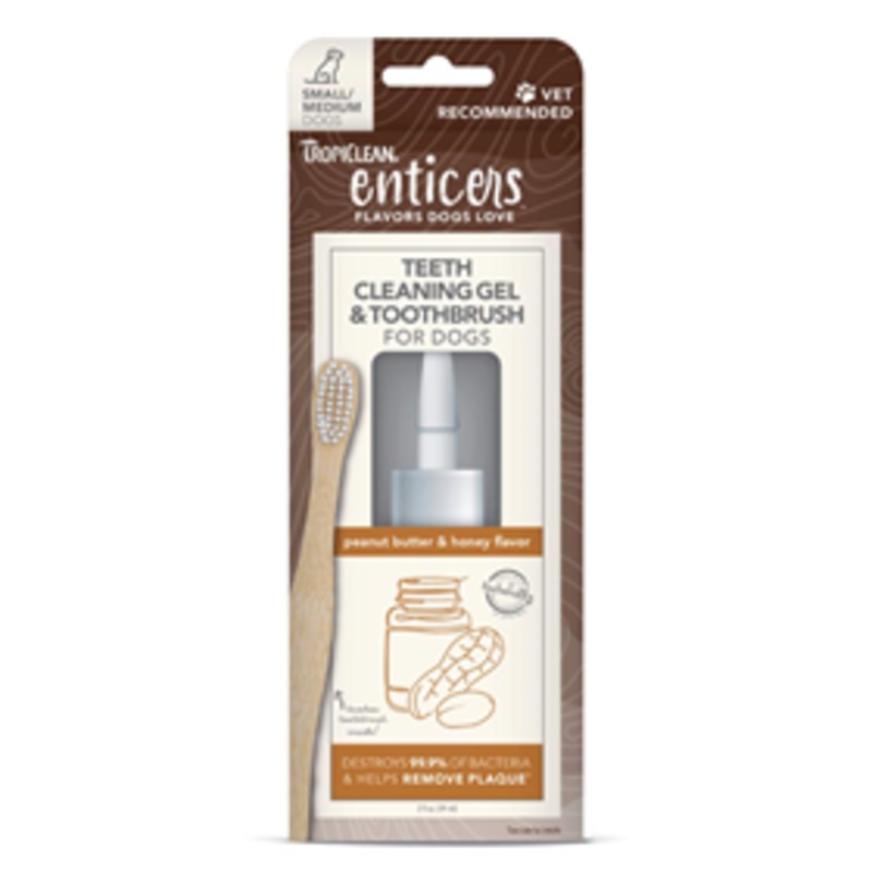 TropiClean Enticers Teeth Cleaning Gel & Toothbrush for Small/Medium Dogs Peanut Butter & Honey Flavor 2oz