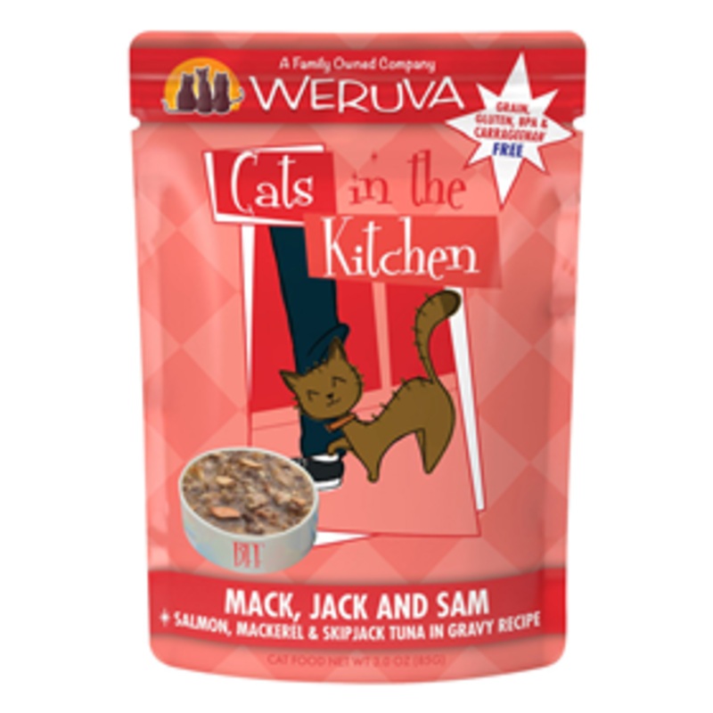 WERUVA Cats in the Kitchen Mack, Jack and Sam Salmon, Mackerel & Skipjack Tuna in Gravy Recipe Cat Food 3 oz