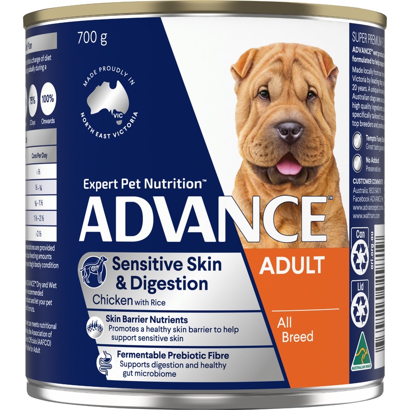 Advance Chicken and Rice Sensitive Skin and Digestion Adult Wet Dog Food Can 700g x 12