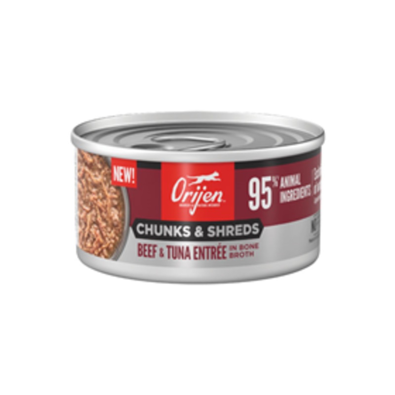 ORIJEN Chunks & Shreds Beef & Tuna Entree in Bone Broth for Cats 3oz.