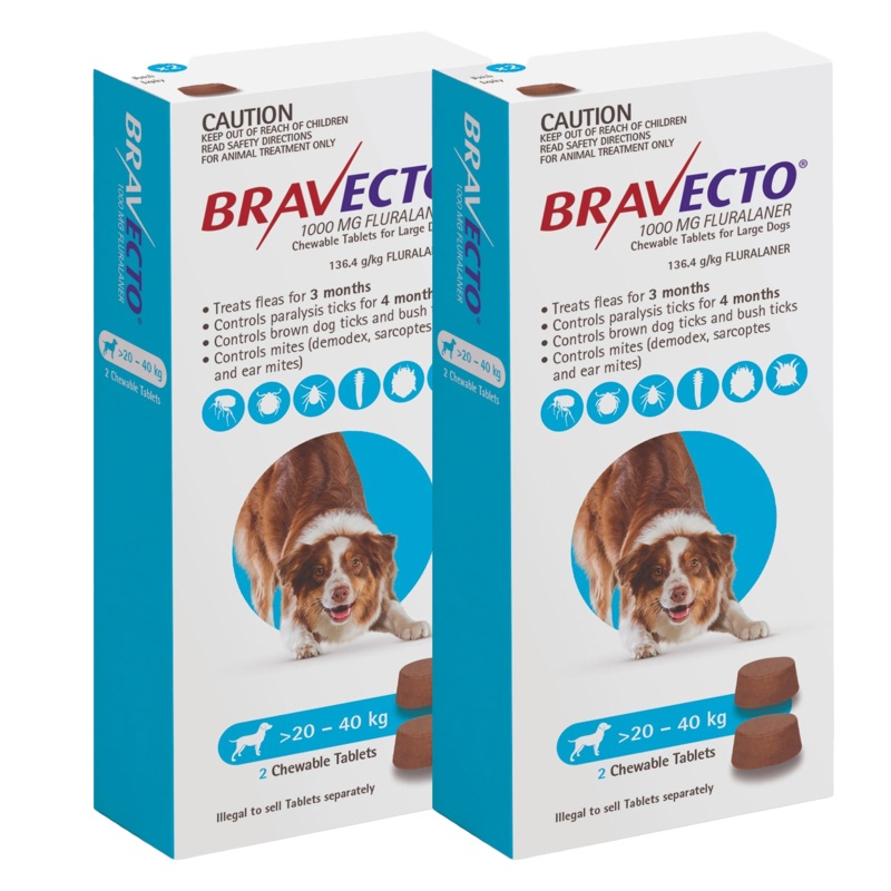 Bravecto 3-Month Chews for Large Dogs 20-40kg (Blue) – 2 x 2 Chew Value Bundle