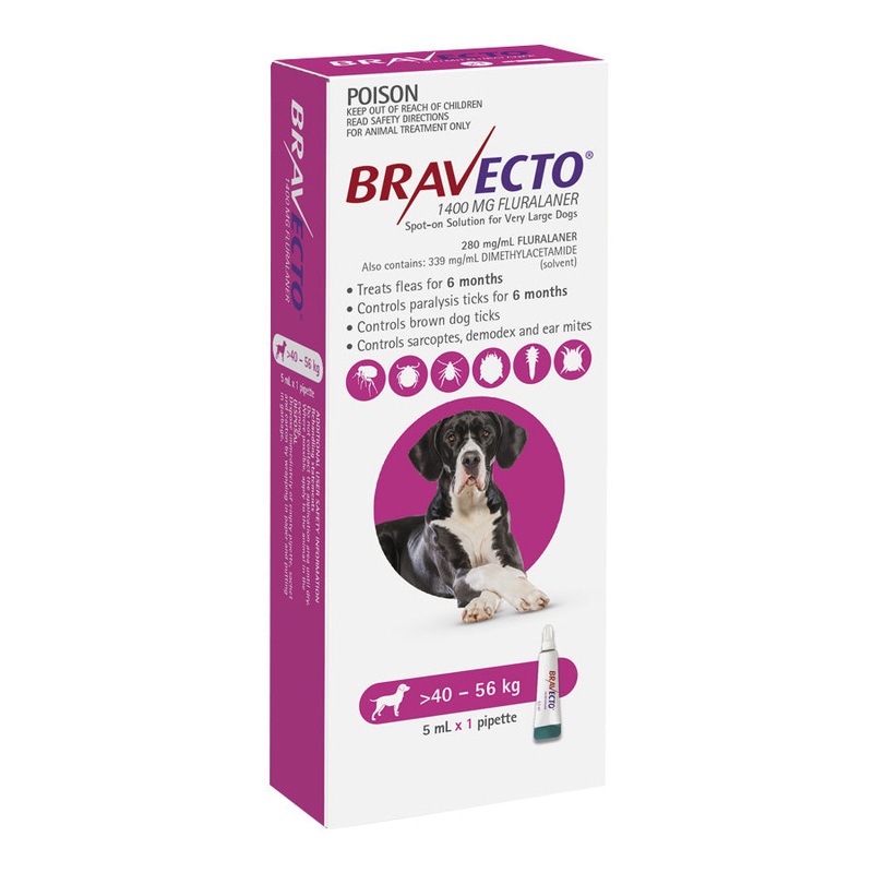 Bravecto Spot-On for Dogs 40kg-56kg (Pink) – 1 Pack