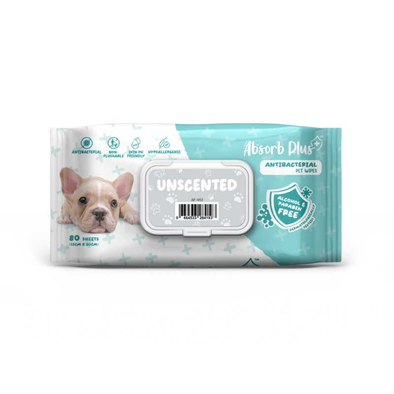 Absorb Plus AntiBacterial Pet Wipes Unscented 15cm x 20cm – 80sheets