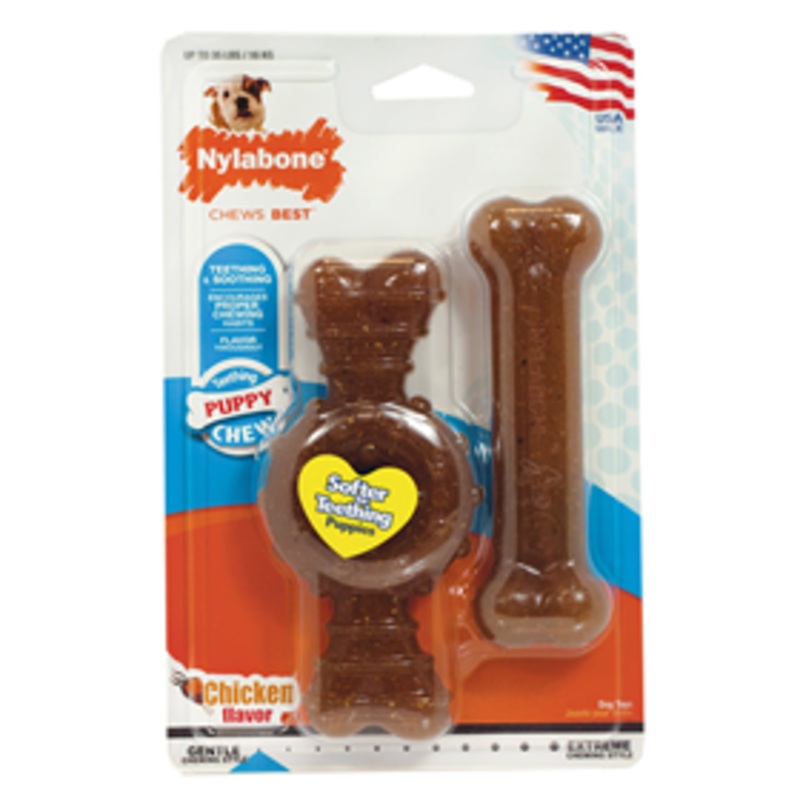 Nylabone Teething Puppy Chew Ring & Flat Bone Twin Pack Toy Chicken Flavor Medium/Wolf