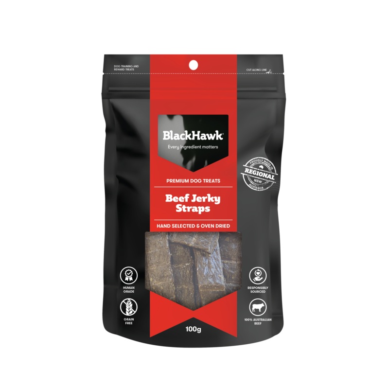 Black Hawk Beef Jerky Straps Dog Treats 100g
