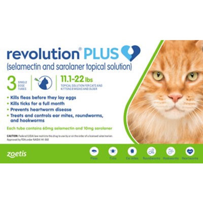 *DONATION TO CATS OF MARINE TERRACE* Revolution Plus Selamectin & Sarolaner Topical Solution for Cats 11.1-22lb Green 3pcs