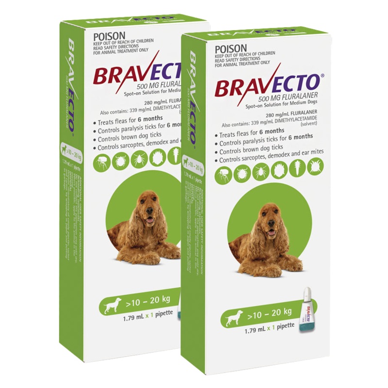 Bravecto Spot-on for Dogs 10kg-20kg (Green) – 2 Pack Value Bundle