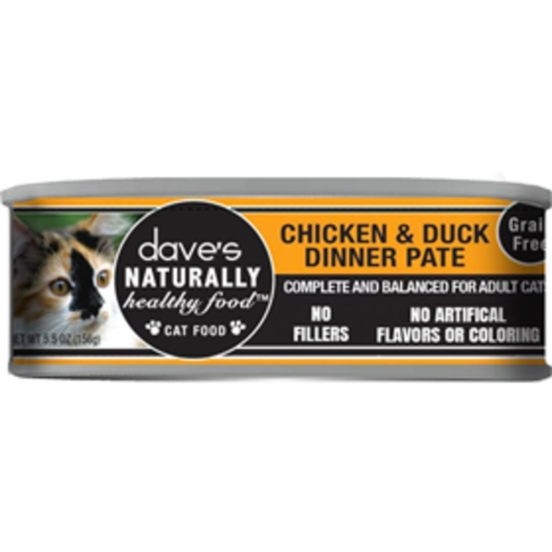 Daves Grain-Free Naturally Healthy Food Chicken & Duck Dinner Pate Can Food for Cats 5.5 oz.
