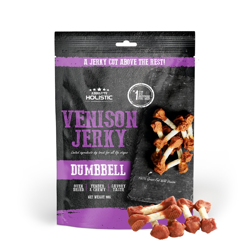Absolute Holistic Dog Treats Venison Jerky Dumbbell 100g