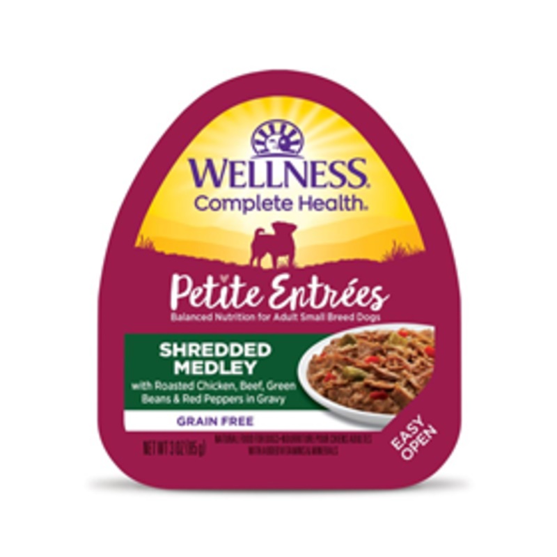 Wellness Petite Entrees Shredded Medley Roasted Chicken, Beef, Green Beans & Red Peppers 3oz Tub
