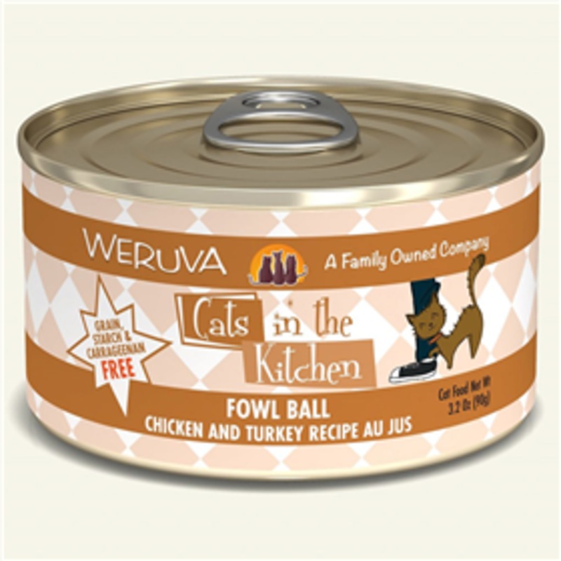 WERUVA Cats in the Kitchen Fowl Ball – Chicken and Turkey Recipe Au Jus Canned Cat Food 3.2 oz