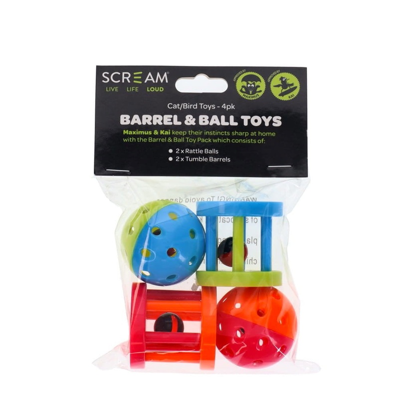 Scream Barrel & Ball Toy Pack for Cats/Birds – 4 Pack