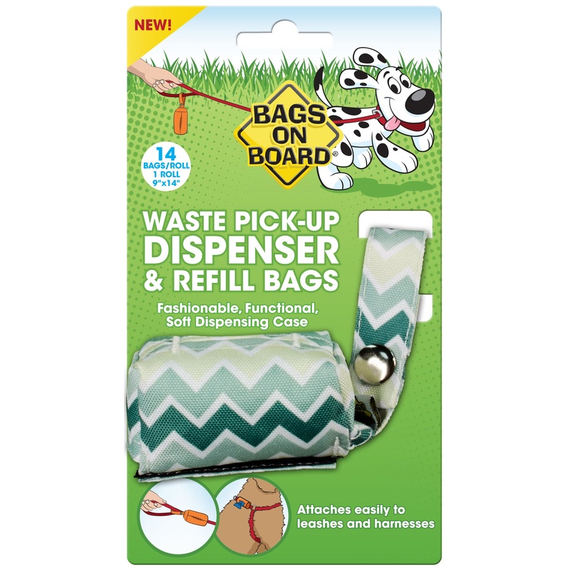 Bags on Board Fashion Waste Pick-up Bag Dispenser Green Chevron Print 14 bags