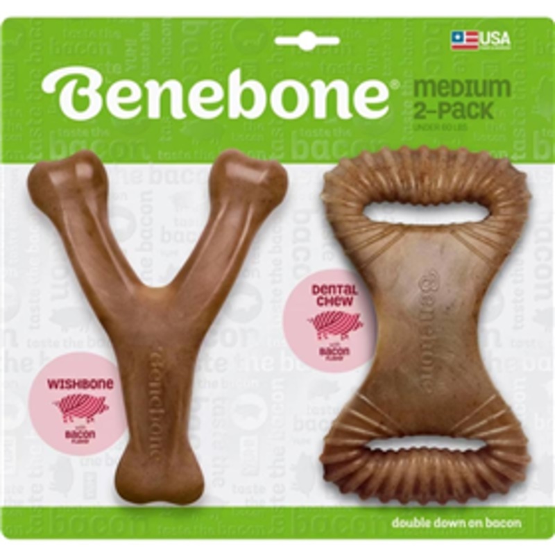 Benebone Medium 2-Pack Dental Chew & Wishbone Bacon Flavor Dog Chew Toy