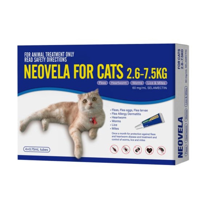 Neovela for Cats (Fleas, Heartworm, Worms, Lice & Mites) 2.6-7.5kg – 4 pack