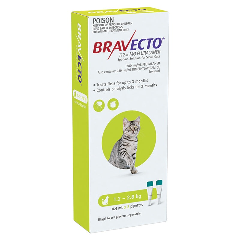 Bravecto Spot-on for Small Cats 1.2kg-2.8kg (Green) – 3 Month Flea and Tick Protection