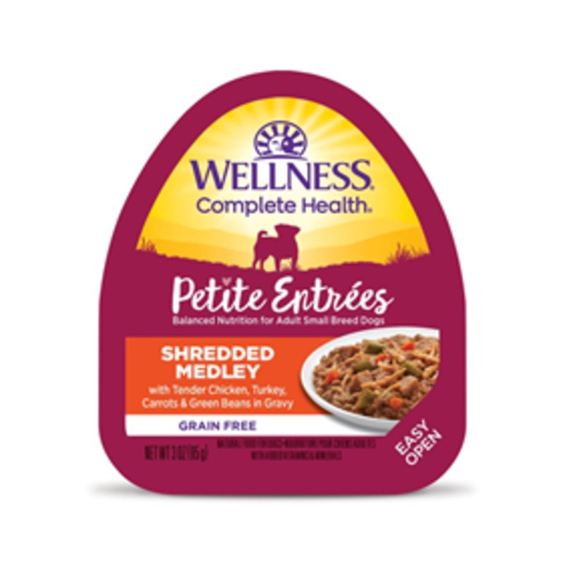 Wellness Petite Entrees Shredded Medley Tender Chicken, Turkey, Carrots & Green Beans 3oz Tub