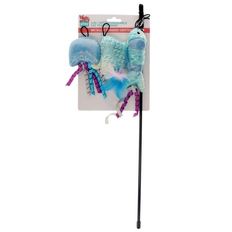 Kitty Play 3-in-1 Interchangeable Cat Teaser Wand – Metallic Sparkle Seaside Critters