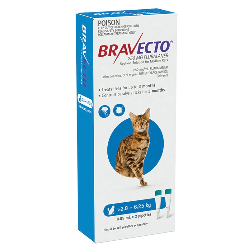 Bravecto Spot-on for Medium Cats 2.8kg-6.25kg (Blue) – 3 Month Flea and Tick Protection