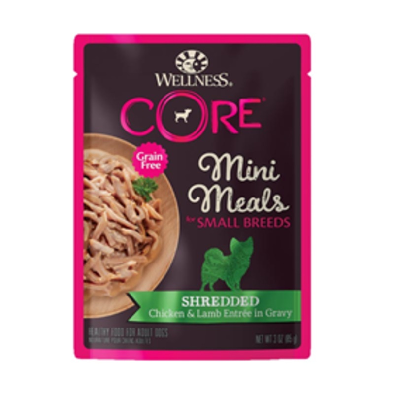 Wellness CORE Grain Free Mini Meals for Small Breeds Shredded Chicken & Lamb Entree in Gravy 3 oz.