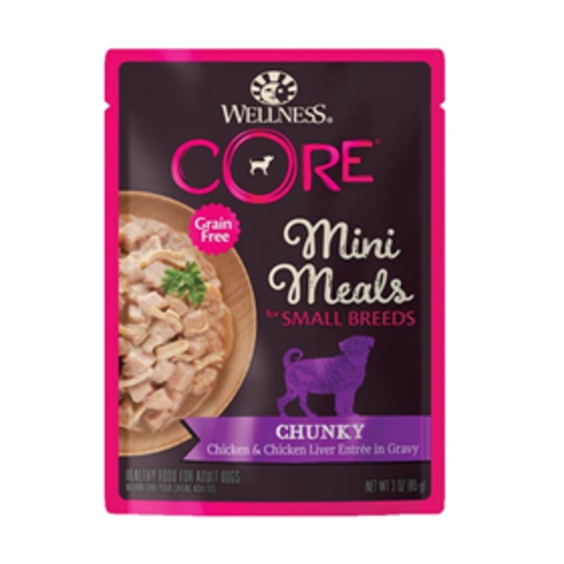 Wellness CORE Grain Free Mini Meals for Small Breeds Chunky Chicken & Chicken Liver in Gravy 3 oz.