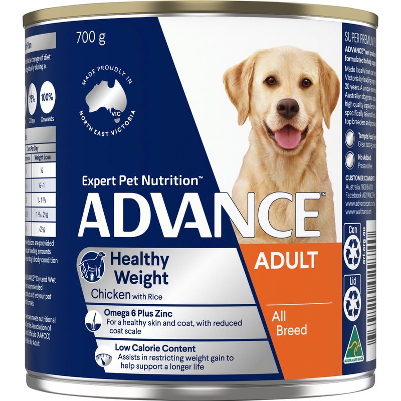 Advance Chicken and Rice Weight Control Adult Wet Dog Food Can 700g x 12