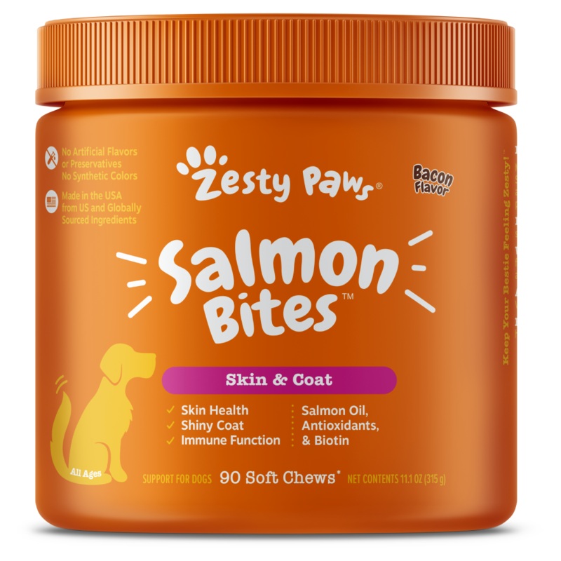 Zesty Paws Dog Salmon Bites Skin & Coat Bacon 90soft chews