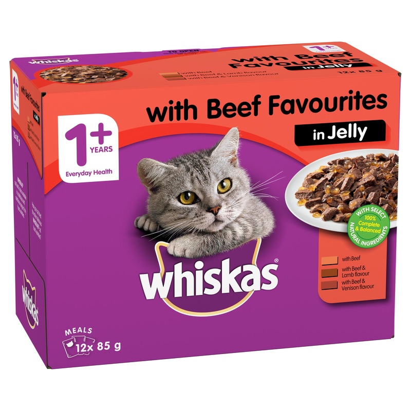 Whiskas Favourites Cat Adult 1+yrs Beef Chunks In Jelly 85g x 12