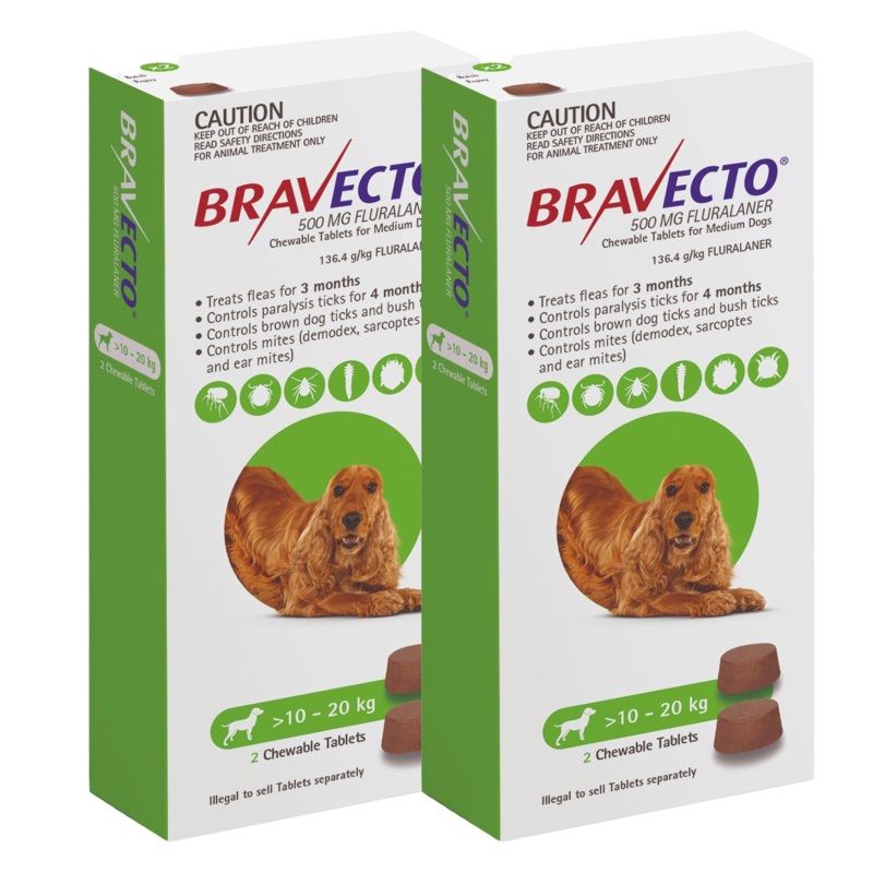 Bravecto 3-Month Chews for Medium Dogs 10-20kg (Green) – 2 x 2 Chew Value Bundle