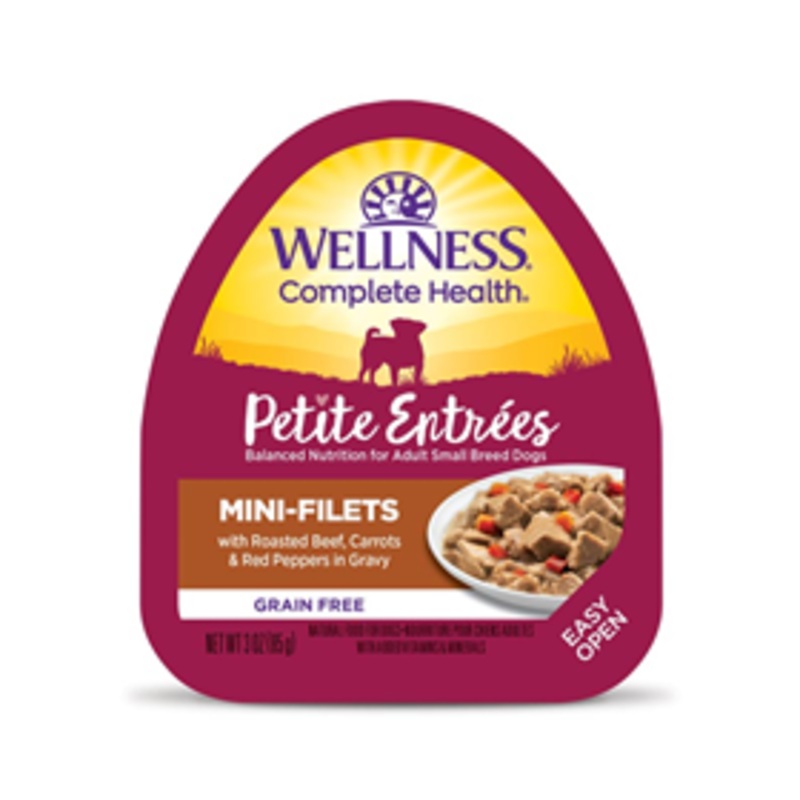 Wellness Petite Entrees Mini-Filets Roasted Beef, Carrots & Red Peppers in Gravy Dog Food 3oz Tub