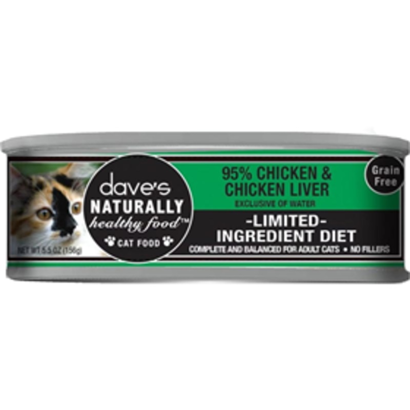 Daves Grain-Free Naturally Healthy Food 95% Chicken & Chicken Liver Can Food for Cats 5.5 oz.