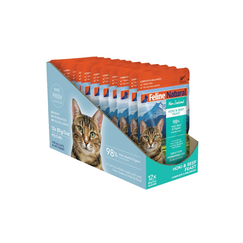 Feline Natural Hoki & Beef Feast Pouch Wet Cat Food 85g x 12