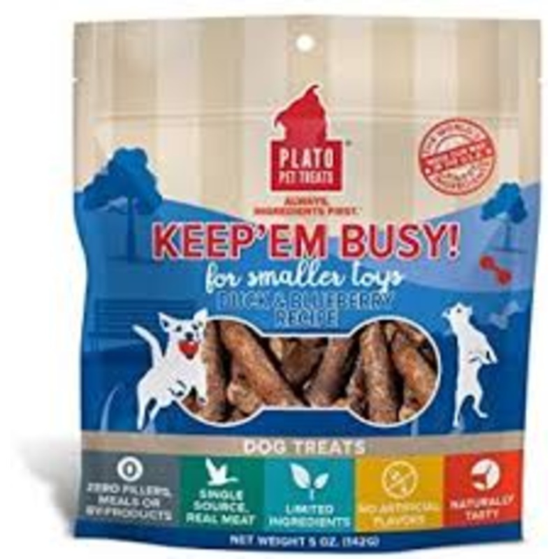 Plato Keep ‘Em Busy Toy Stuffer Duck And Blueberry Meat Stick Dog Treat; 5- Oz Bag