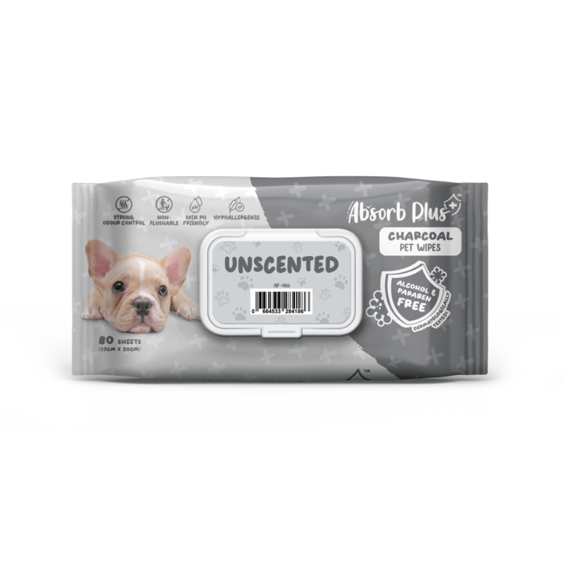 Absorb Plus Charcoal Pet Wipes Unscented 15cm x 20cm – 80sheets