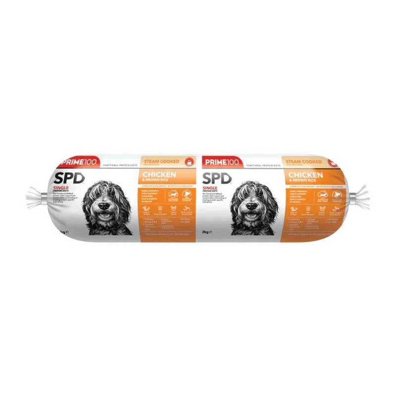 *CHILLED* Prime100 Dog SPD – Chicken & Brown Rice Cooked Roll 2kg