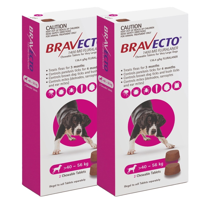 Bravecto 3-Month Chews for Very Large Dogs 40-56kg (Pink) – 2 x 2 Chew Value Bundle