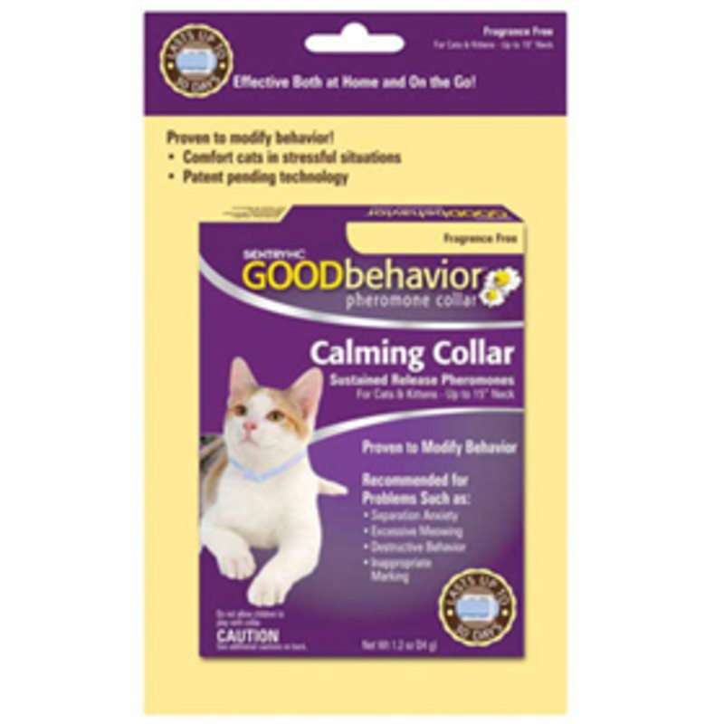 Collar provides a 30-day sustained release of pheromones which may help reduce excessive meowing, hiding and destructive behaviors such as: inappropriate marking or scratching. Fragrance free, suitable for cats and kittens.