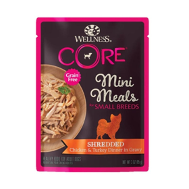 Wellness CORE Grain Free Mini Meals for Small Breeds Shredded Chicken & Turkey Dinner in Gravy 3oz.