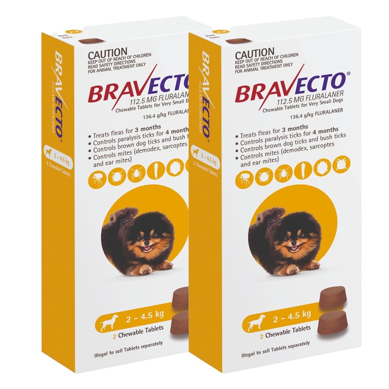 Bravecto 3-Month Chews for Very Small Dogs 2-4.5kg (Yellow) – 2 x 2 Chew Value Bundle