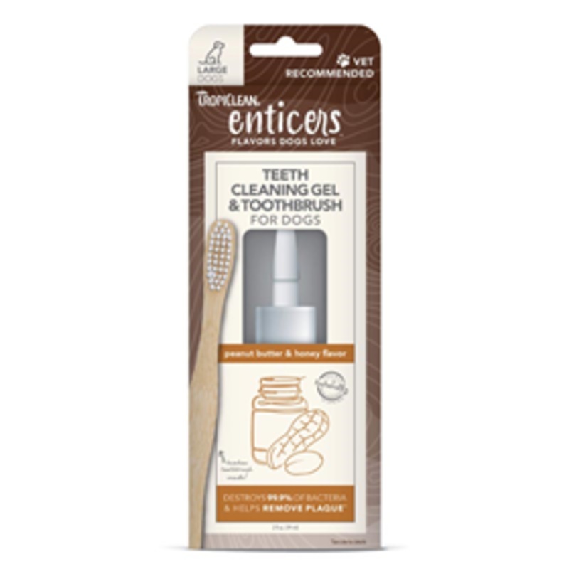 TropiClean Enticers Teeth Cleaning Gel & Toothbrush for Large Dogs Peanut Butter & Honey Flavor 2oz